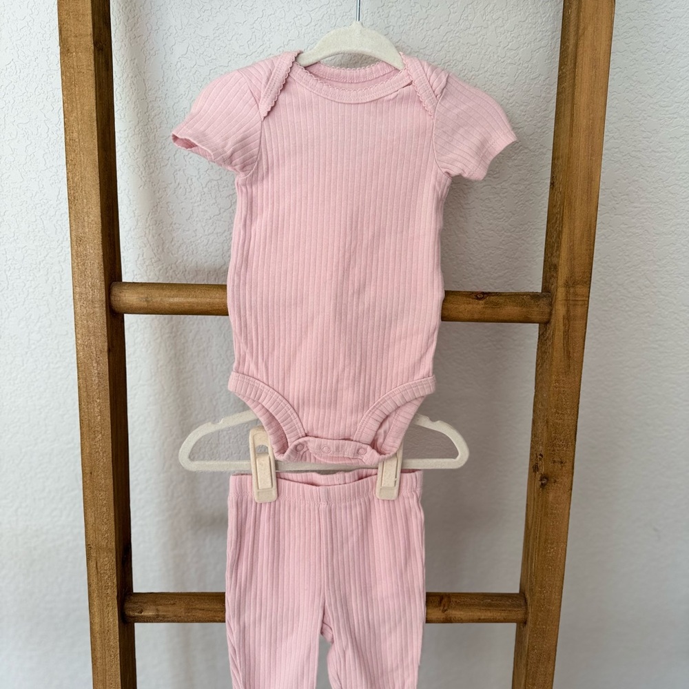 Pink Ribbed Baby Onesie and Pants Set